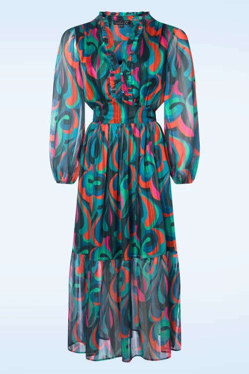 Smashed Lemon Daria maxi jurk in petrolblauw en multi
