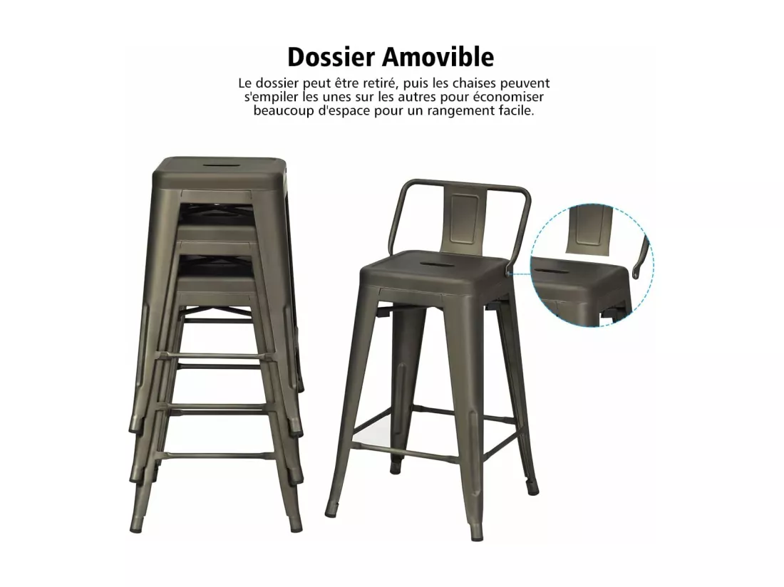 Lot 4 Tabourets de Bar Empilable en Métal avec Dossier Bas Amovible, Hauteur d'Assise 60 CM, Pieds en Caoutchouc Antidérapants, Tabourets Hauts de Bar pour Bistrot, Cuisine, Café