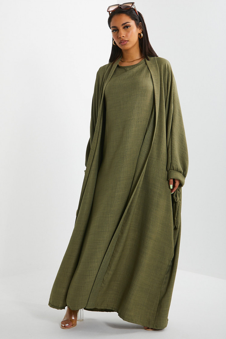 Ensemble effet lin 2 pièces kimono + robe kaki