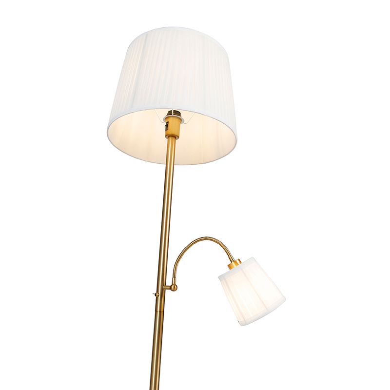 Klassieke vloerlamp brons stoffen kap wit met leeslamp - Retro