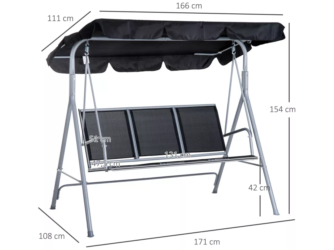 Balancelle de jardin 3 places grand confort toit imperméabilisé inclinaison réglable assise et dossier ergonomique acier textilène noir