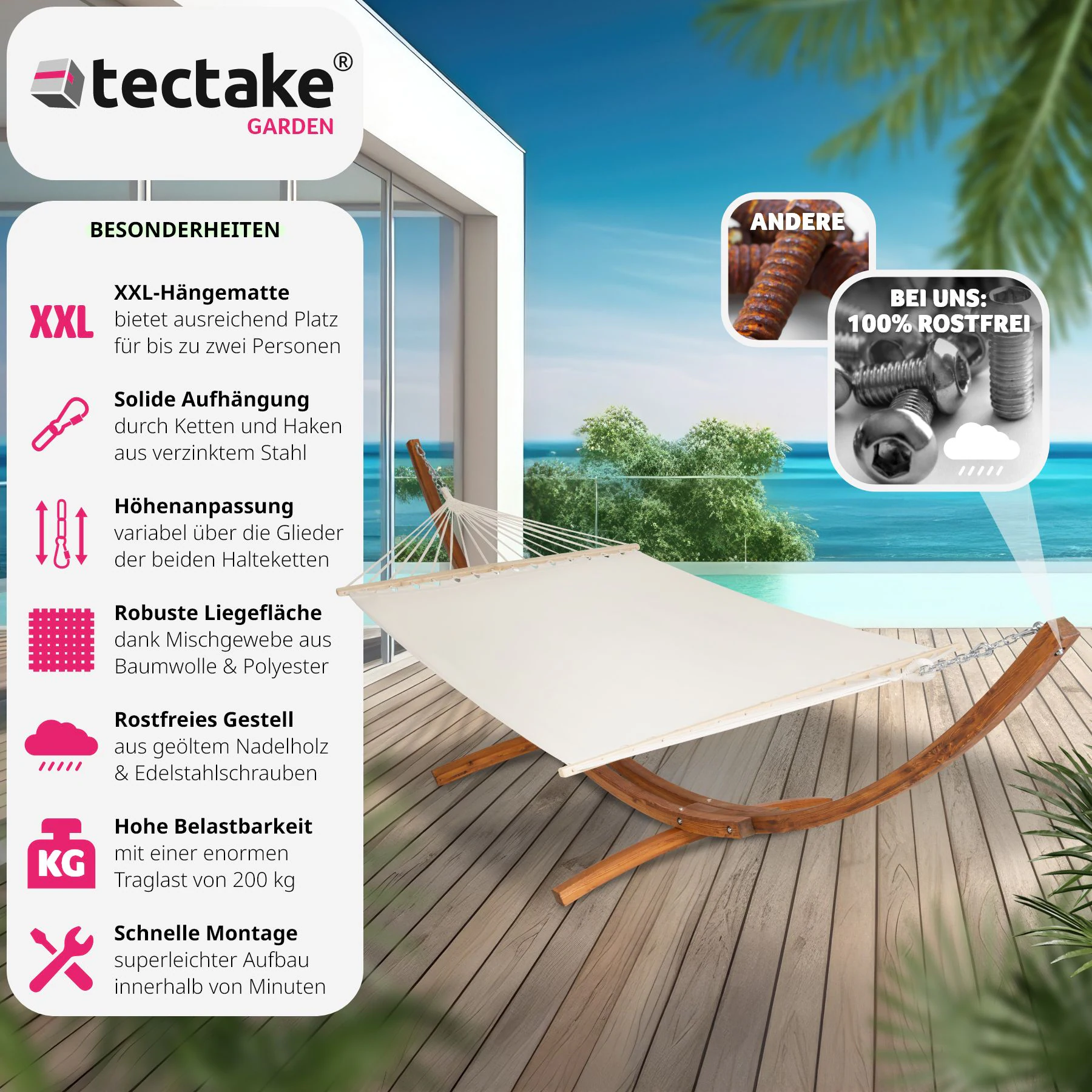 tectake® Hängematte, mit Holzgestell, für 2 Personen, Belastbarkeit 200 kg, 205 x 150 cm