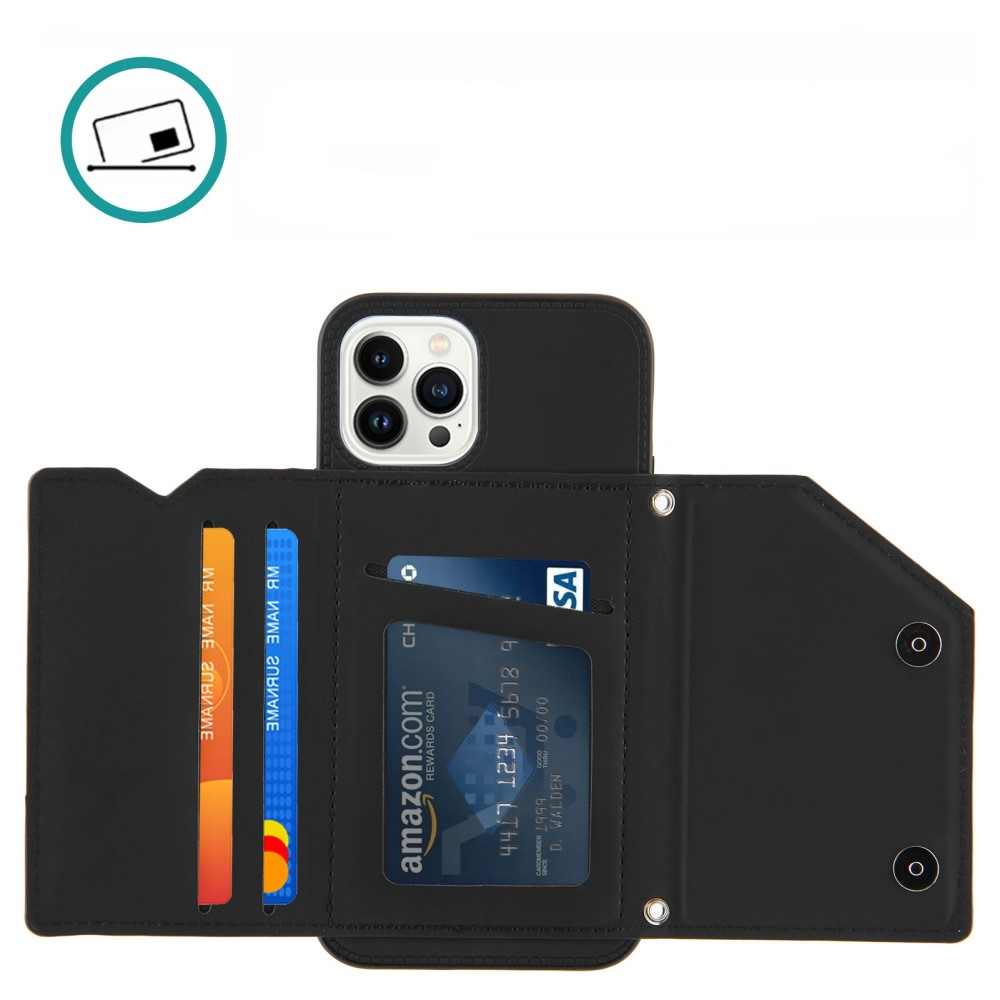iPhone 15 Pro Necklace Leder Schutz Hülle mit Kartenfächer   Handykette (150cm) - Schwarz
