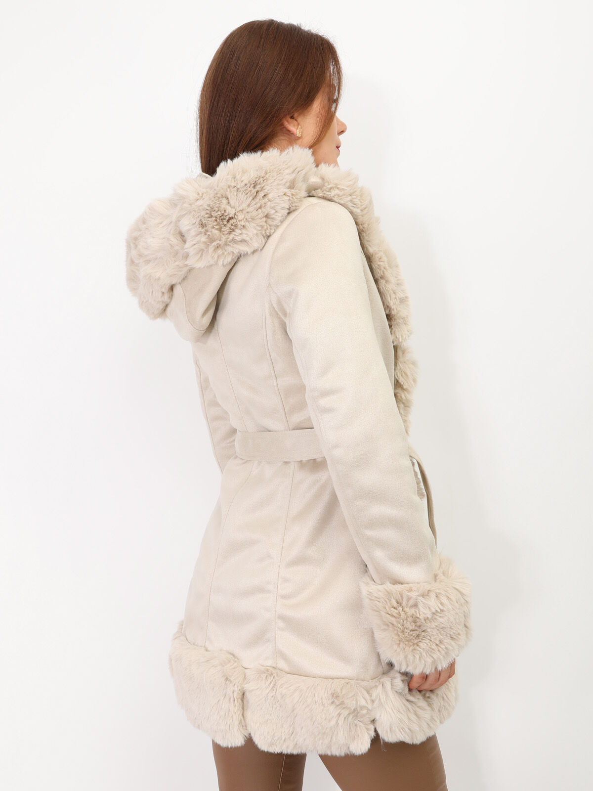 Manteau en suédine à fausse fourrure- Beige