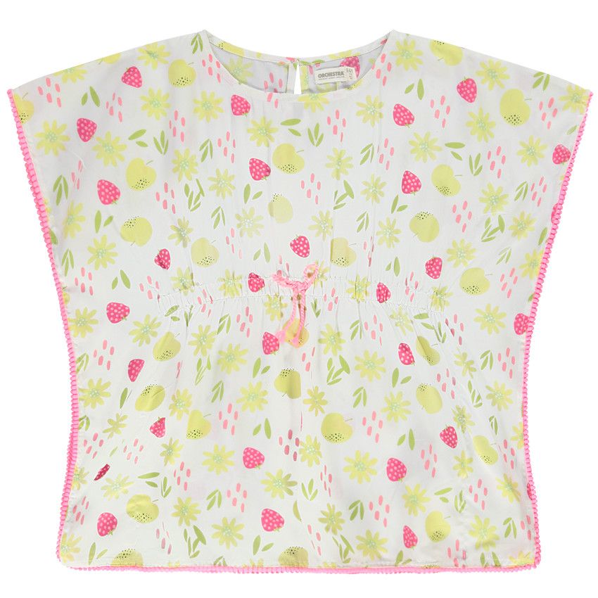 Robe de plage à pompons imprimé fruits/fleurs pour fille - Blanc