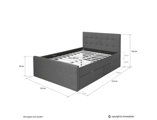 HOMESTYLE4U - Lit avec rangement Lit double 120x200 gris sommier à lattes tête de lit tissu ...