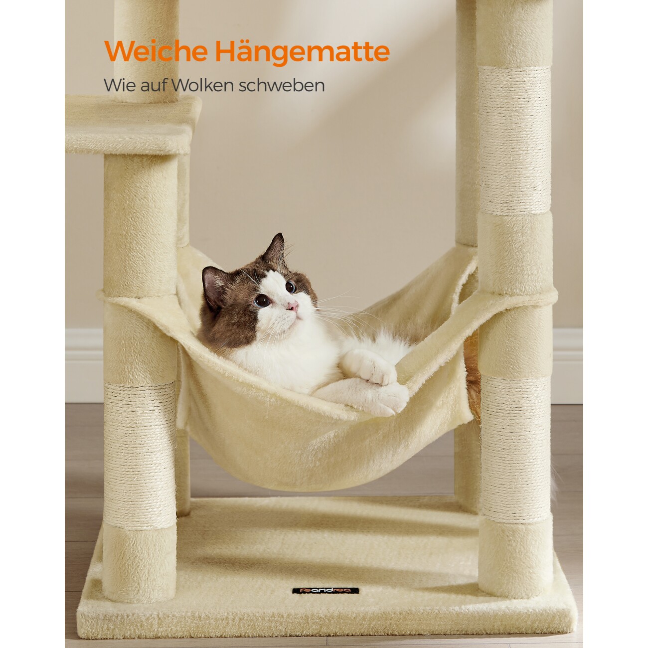 FEANDREA L Kratzbaum mit Hängematte und 1 Höhle 143 cm beige