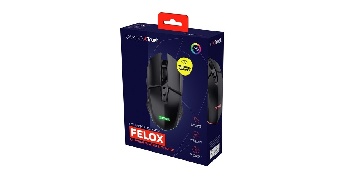 TrustGXT 110 Felox verlichte draadloze gaming muis  (Zwart, RGB | 800 - 4800 dpi)