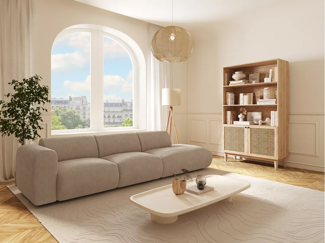 Grand canapé 5 places accoudoir gauche en tissu texturé beige POGNI de Maison Céphy