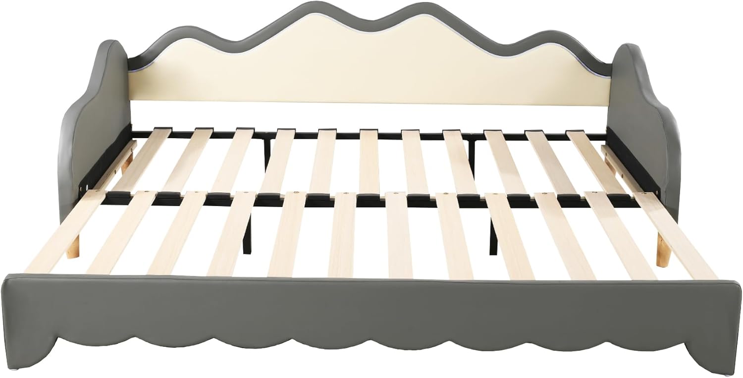 okwish Schiebebett Kinderbett Polsterbett Schlafsofas 90/180x190 cm Einzelbett/Doppelbett, Ausziehbett Jugendbett mit LED, Daybett Gästebett mit Lattenrost & Armlehnen, Kunstleder Grau(Ohne Matratze)