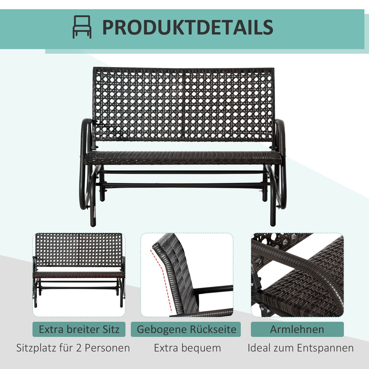 Outsunny polyrotan schommelbank, 2-zits tuinschommel, met rugleuning, 70 x 120 x 84 cm, staal, PE rotan, grijs