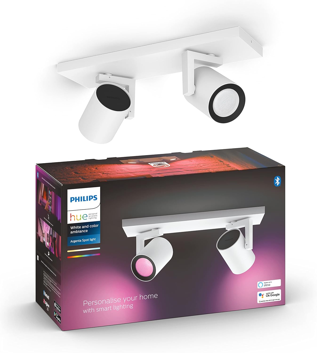 Philips Hue White & Color Ambiance Argenta Deckenlampe mit 2er Spot (1.050 lm), dimmbare LED Spots mit 16 Mio. Farben, smarte Lichtsteuerung über Sprache und App, weiß, neue Generation