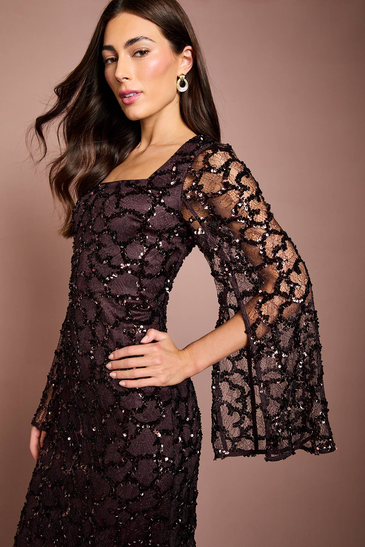 Coast Robe Longue En Dentelle À Sequins Et Manches Longues