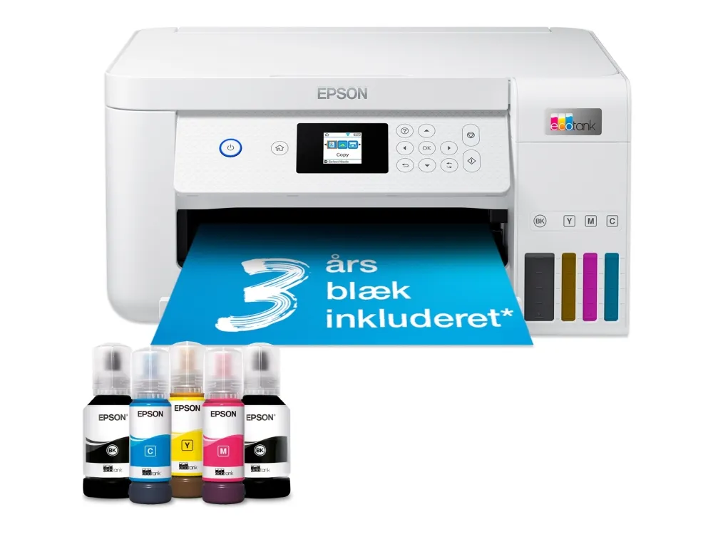 Epson EcoTank ET-2856 - Multifunktionsprinter - farve - blækprinter - kan genopfyldes - A4 (medie) - op til 10.5 spm (udskriver) - 100 ark - Wi-Fi, USB - hvid