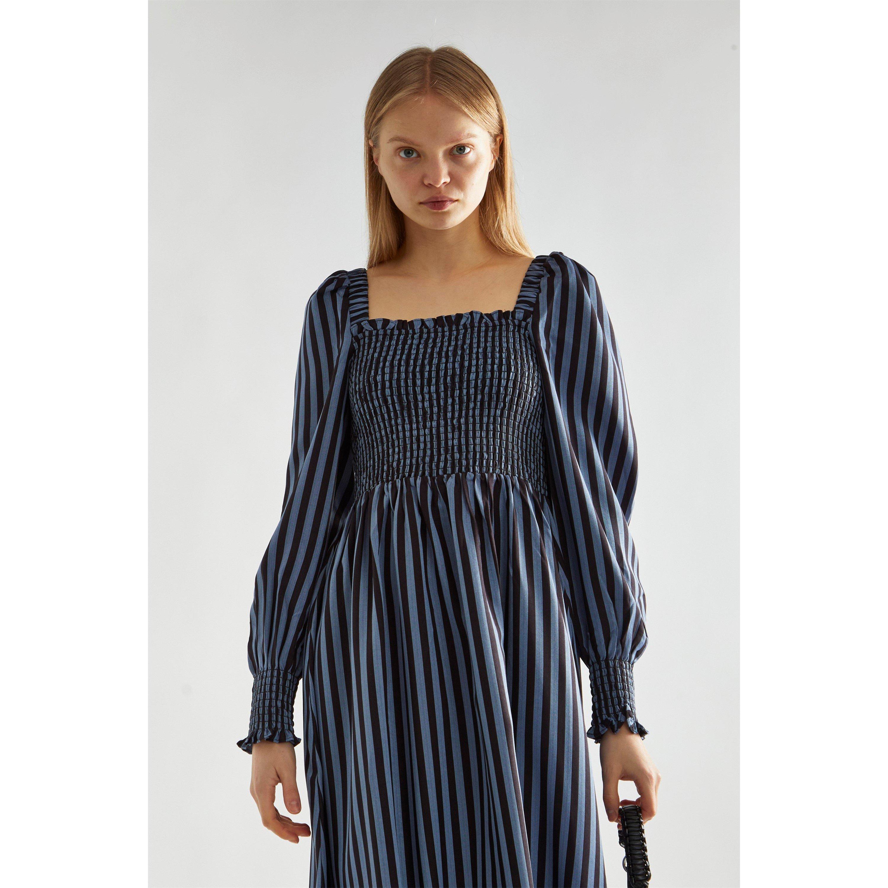 Glamorous Blue Black Stripe Shirred Midi Dress