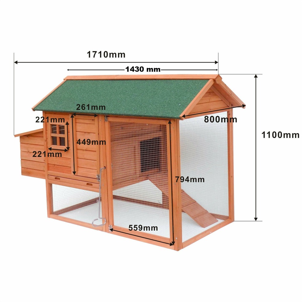 Poulailler avec espaces extérieurs et abri accrue avec toit vert bois d'épicéa 171 cm brun
