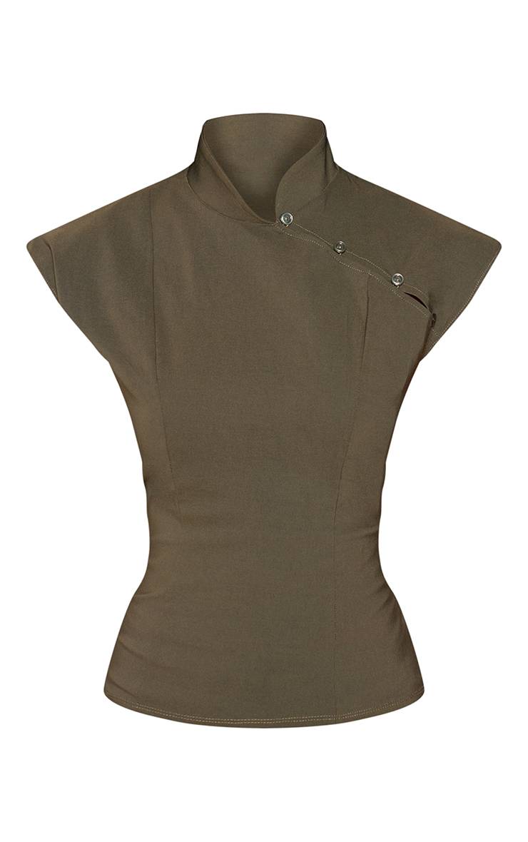 Kaki Haut À Manches Courtes En Tissu Stretch Tissé Avec Détail Boutonné