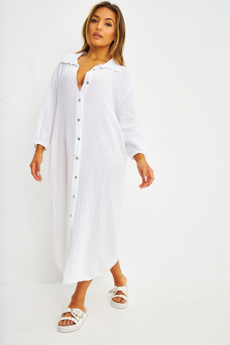 Robe chemise longue en coton texturé blanc