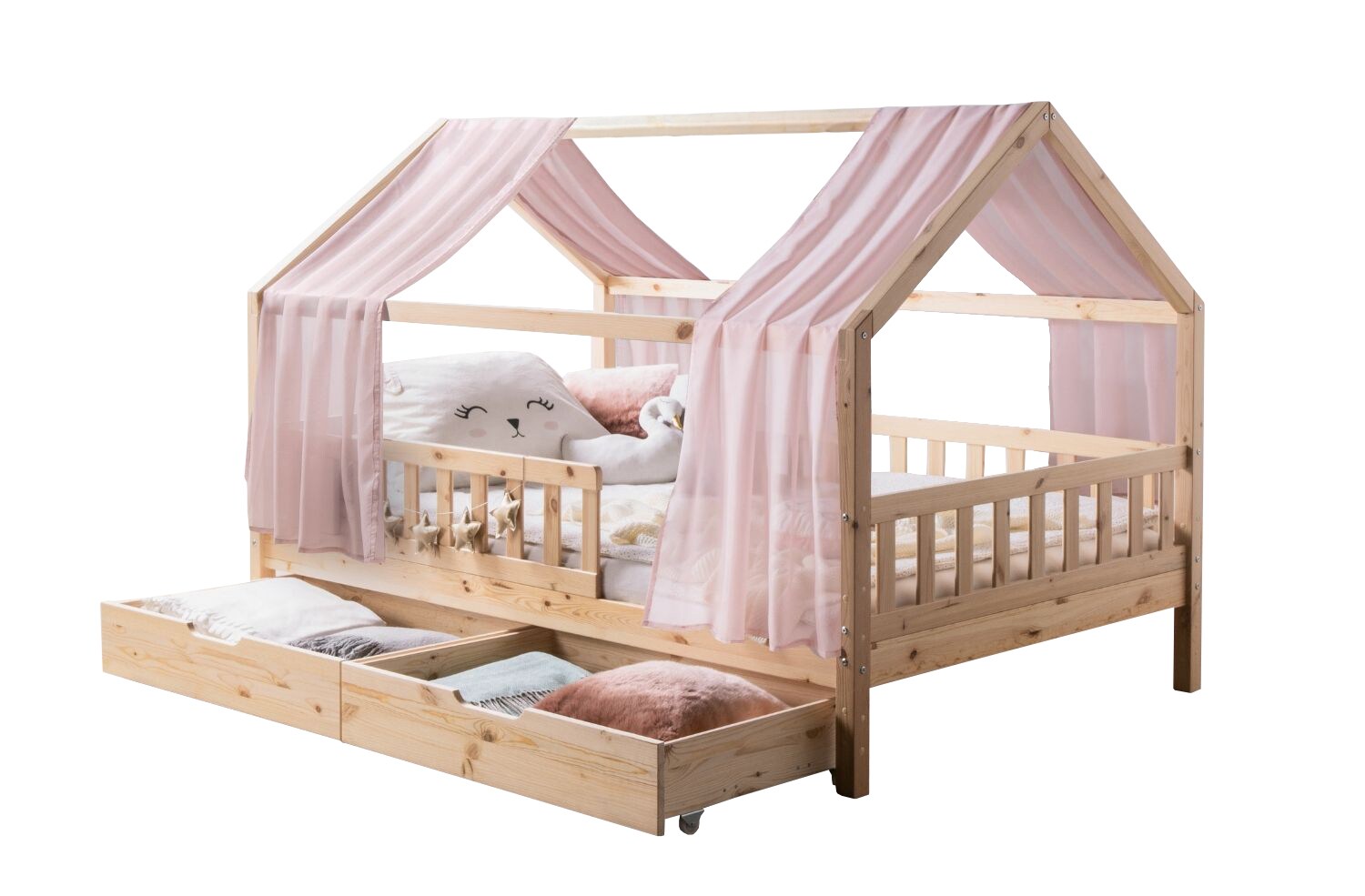 TiCAA TiCAA Kinderbett Hausbett mit Tüll Kim 90x200 cm, 100x200 cm, 120x200 cm, 140x200 cmfür Jungen & Mädchen, inkl. Rolllattenrost, Schubkasten und Rausfallschutz variabel, MontessoriBett Natur aus Kiefer Massivholz