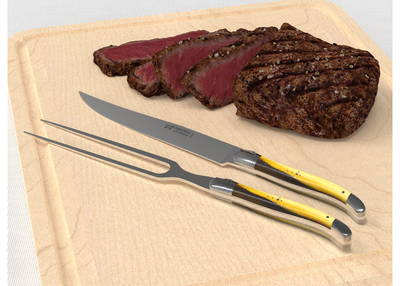 Service à viande Laguiole avec un manche en bois de pistachier et mitres en acier inoxydable