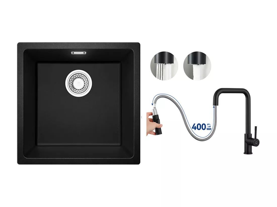 Evier 1 Bac en Quartz et Résine, 3 Options de Montage, 45*44*20cm + Mitigeur avec Douchette Extractible, Noir
