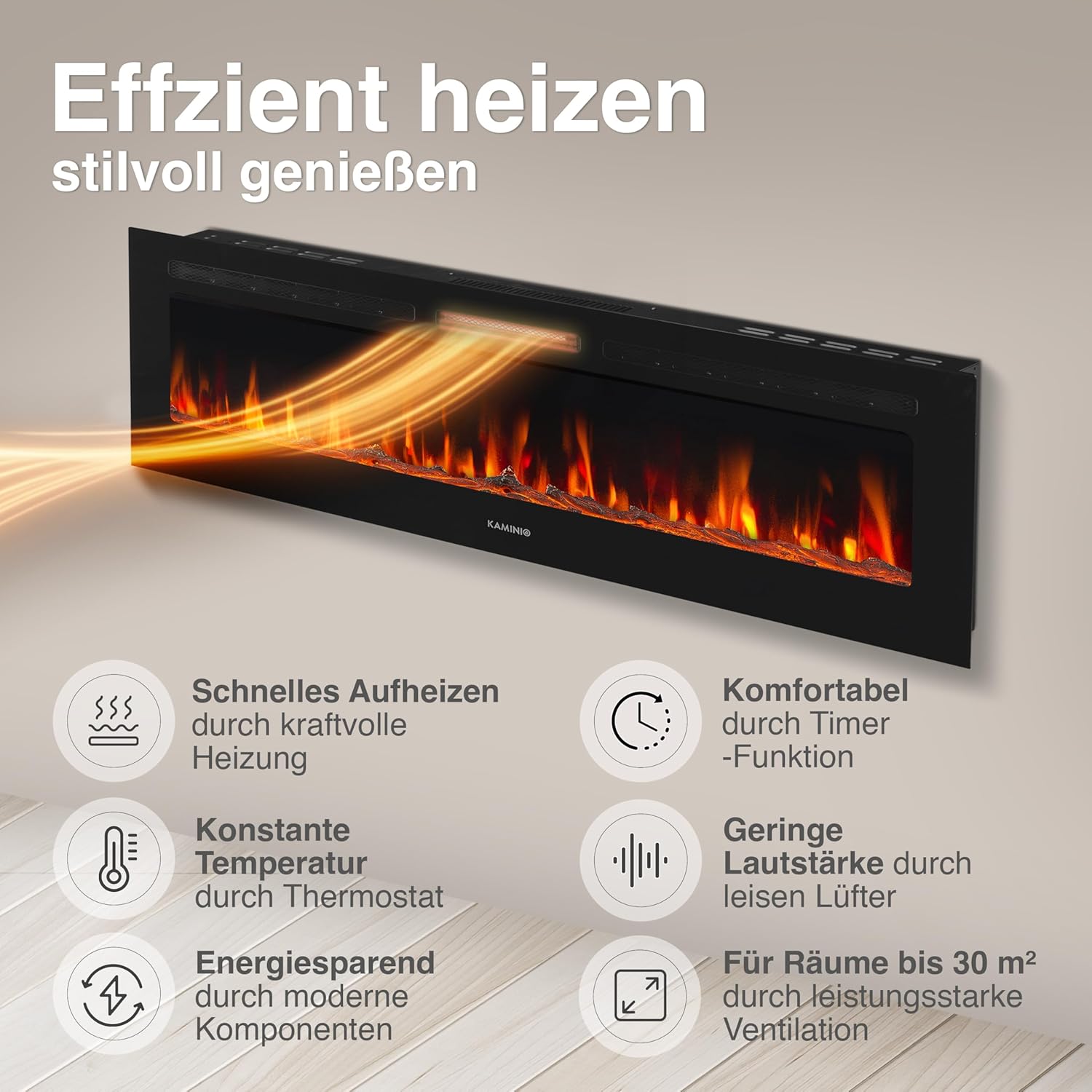 Elektrokamin Marlon - Elektrischer 3-in-1 Kamin mit Heizung, 3D-Flammeneffekt, 12 Flammenfarben, Fernbedienung (70 Zoll)