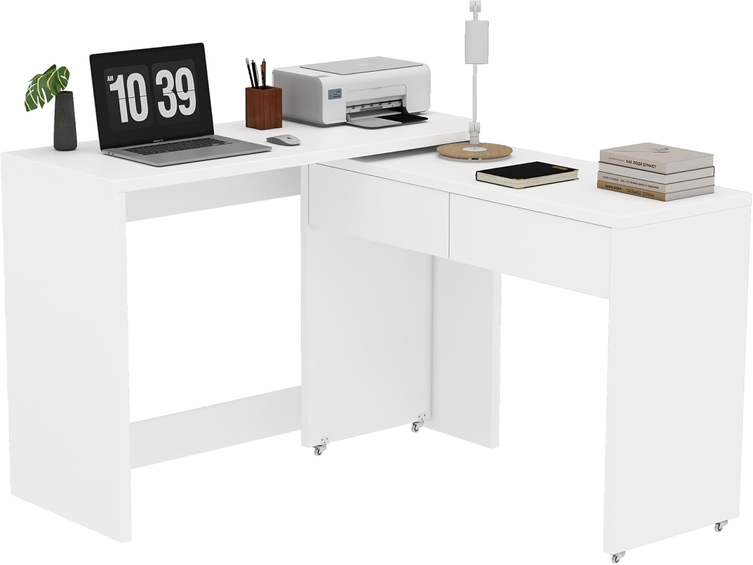 Faltbarer Schreibtisch, Schreibtisch mit Schubladen, Eckschreibtisch, Sideboard, Regalschreibtisch, 2-in-1 Kompaktschreibtisch, Ausziehbar, Rollen Ausgestattet, 110×40×78cm (Weiß)