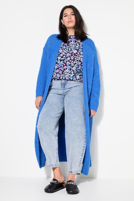 Long-Strickjacke, oversized, offene Form, Langarm