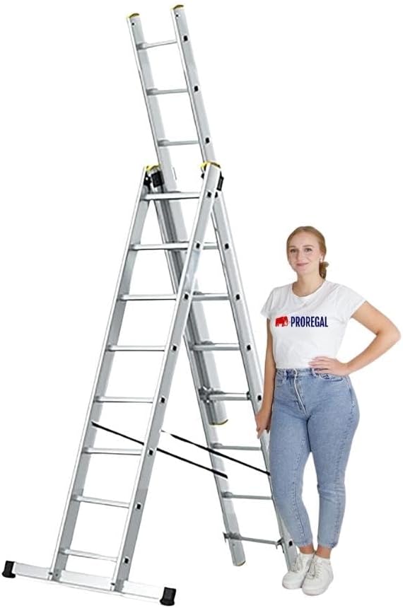 PROREGAL Economy Plus 3-delige multifunctionele ladder met dwarsbalk, 3 x 8 sporten, werkhoogte 5,05 m, draagvermogen 150 kg