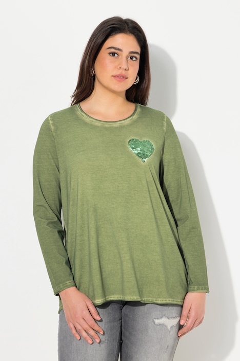 Shirt, cold dyed, Pailletten-Herz, V-Ausschnitt, Langarm