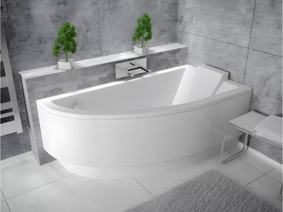 Baignoire asymétrique + tablier blanc + repose tête - PRAKTIKA - 150 x 70 cm - Droite
