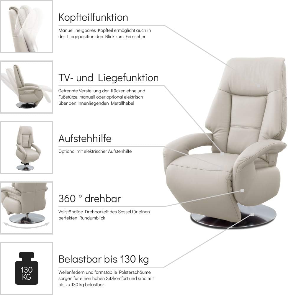 Cavadore Ledersessel Edinburgh / Fernsehsessel mit elektrisch verstellbarer Relaxfunktion / 2 E-Motoren / 74 x 114 x 77 / Echtleder: weiß