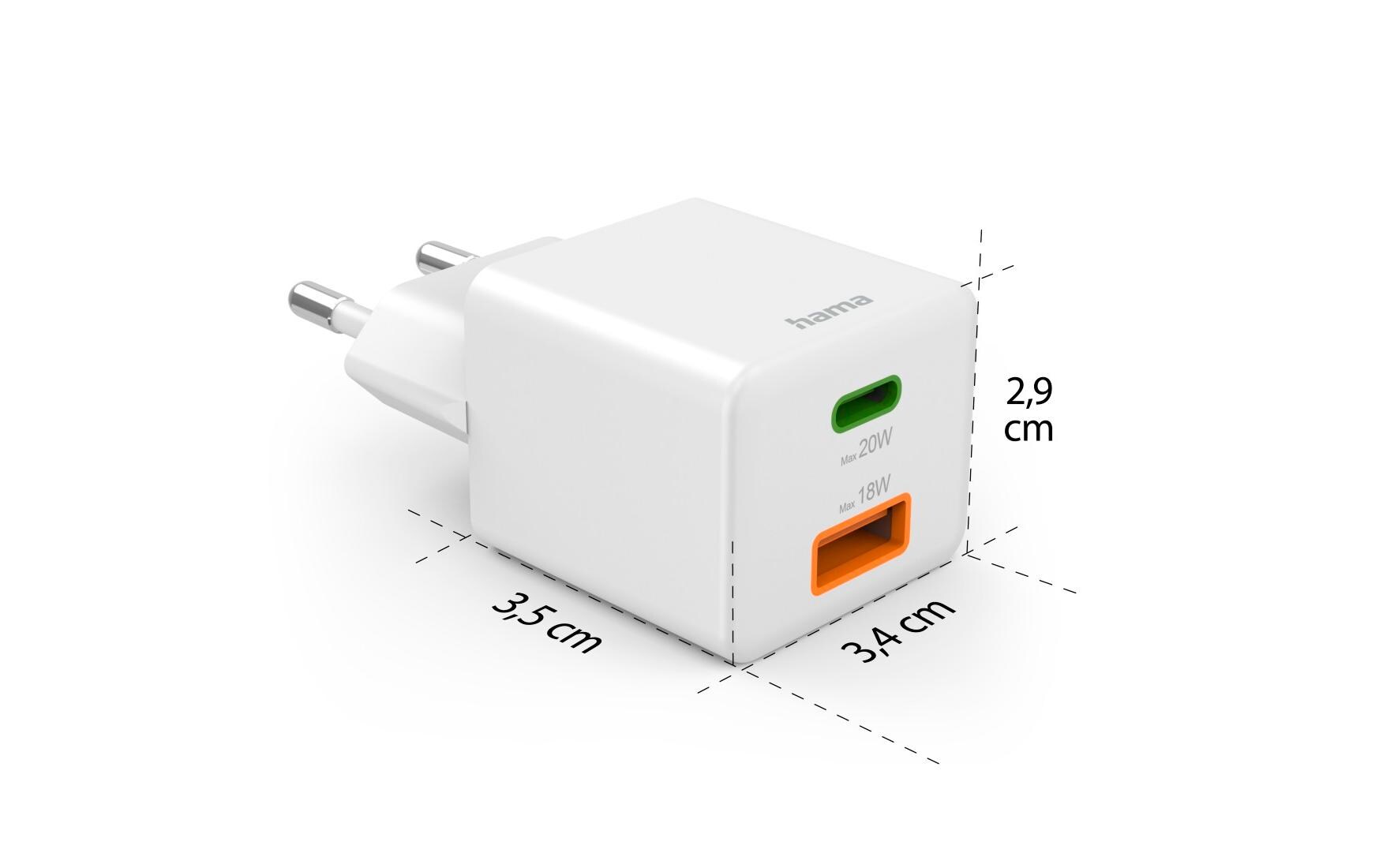 USB-Wandladegerät Gan charger USB-A USB-C 20 W WeissSchnellladegerät mit 1x USB-C und 1x USB-A