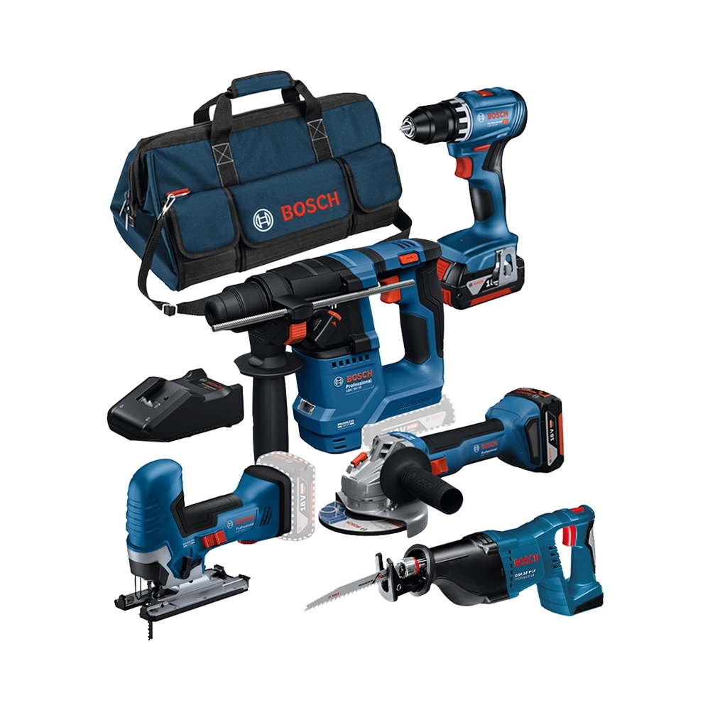 Bosch 5 Tool Kit GSR+GWS+GBH+GST+GSA, 2x Akku 18V 4.0Ah inkl. Tasche