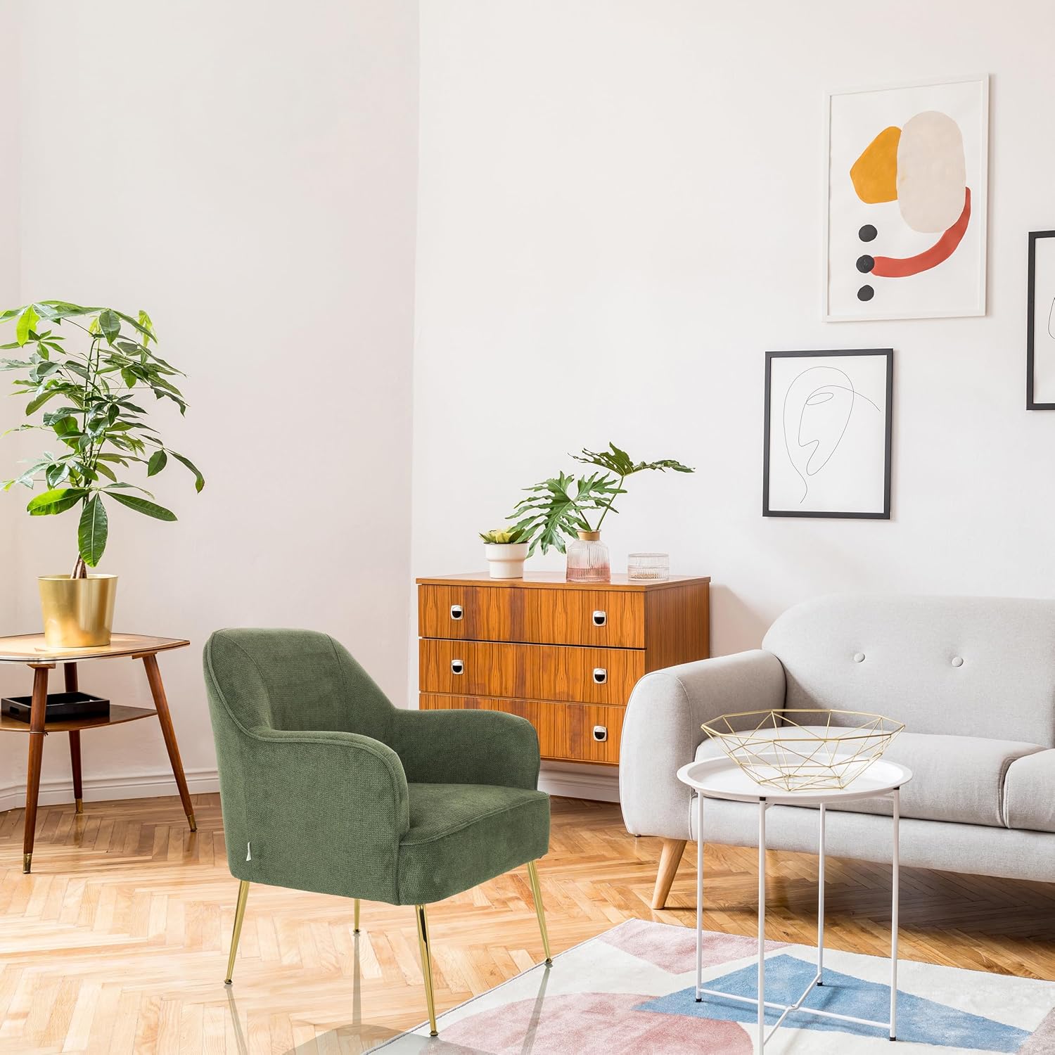 Moderner Loungesessel THASSOS Polsterstuhl Sessel mit vergoldeten Metallbeinen, bequemer Lesesessel, Stoff Grün
