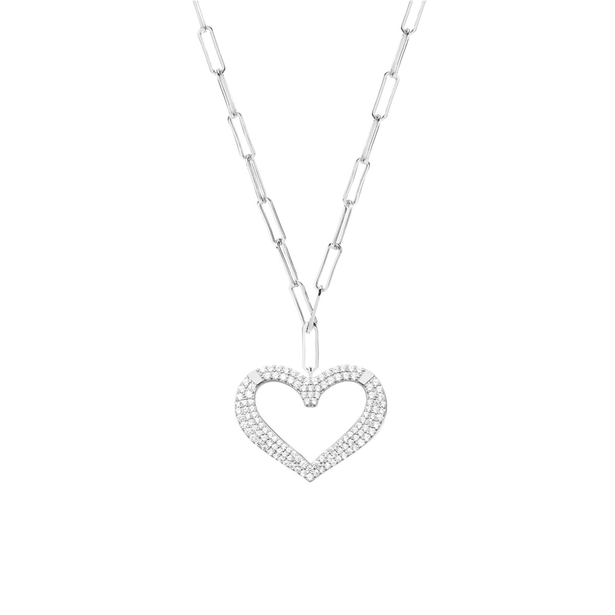 Collier Argent Rhodié Coeur Serti De Zirconium Blanc