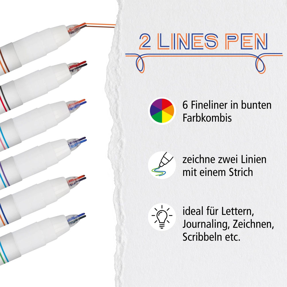 (6er Set) 2 Lines Pen Fineliner mit Doppelspitze Handlettering Mal Stifte (18617) - Bunt
