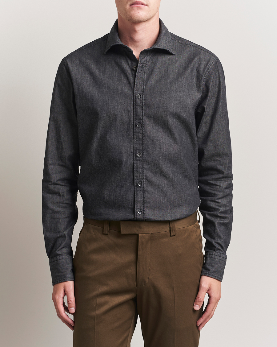 Stenströms Regular Fit Garment Washed Denim Shirt Black