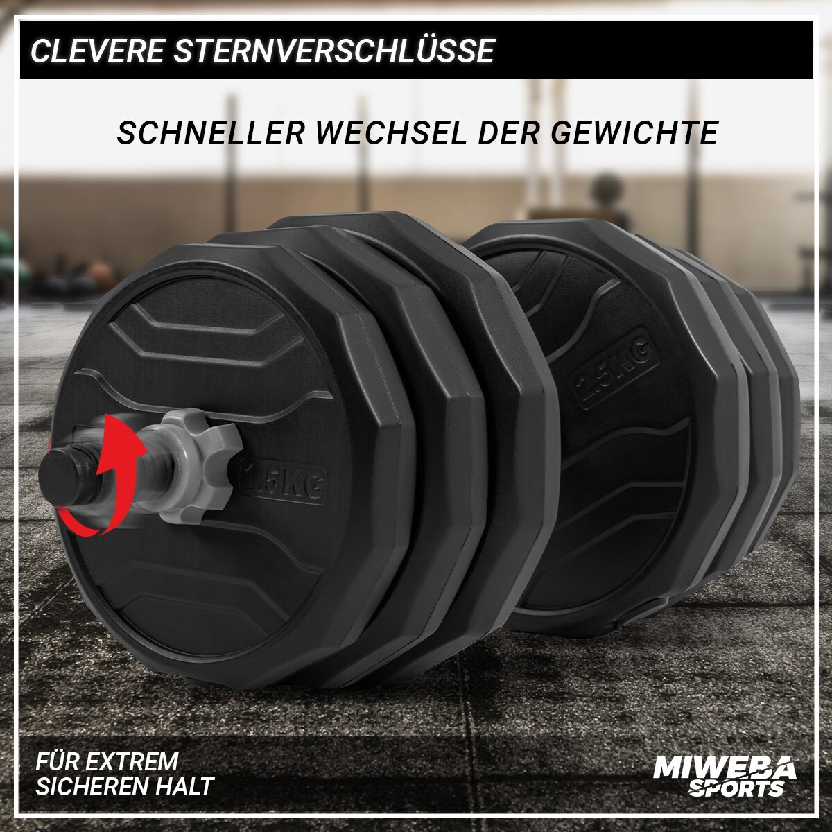 Miweba Sports 6in1-Hantelset, Kurzhanteln-Langhantel-Kettlebell, 25 kg, verstellbar, Sternverschluss