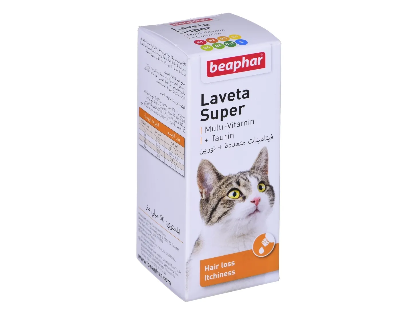 Beaphar Laveta Super, Kat, Dråber, Vitamin B1, Vitamin B12, vitamin B2, vitamin B6, vitamin E, Vitamin H (biotin), Kalcium, Phosphorus, Natrium, 50 ml, 1,2%