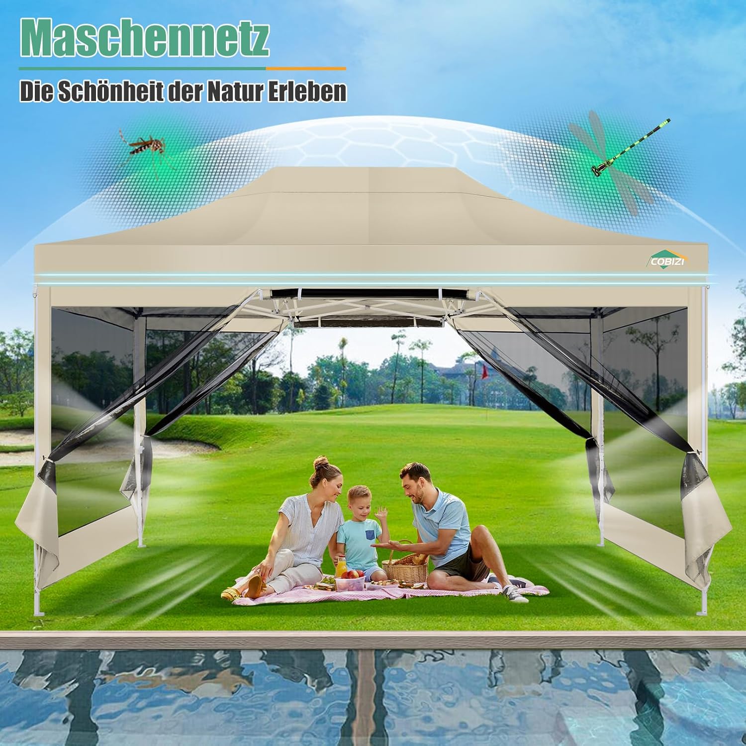 COBIZI Pavillon 3x4,5,Faltpavillon 3x4,5 Wasserdicht Stabil,Pavillon Faltbar Anti-UV mit Mesh-Seitenwände,Pavillion für Camping Events, Partyzelt Gartenzelt mit Tragetasche(3 mal 4,5m Khaki)