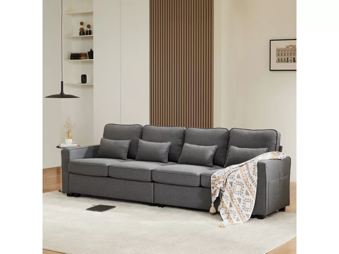 Canapé 4 places, 264x83x87cm, tissu lin, avec poches d'accoudoir et 4 coussins, style simple, pour le salon, gris foncé