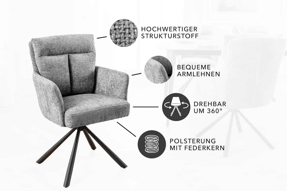 Drehbarer Stuhl BIG GEORGE grau Strukturstoff Taschenfederkern mit Armlehne Metall