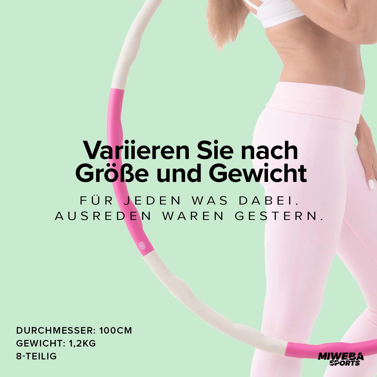 Miweba Sports Hula-Hoop-Reifen 1,2 kg für Erwachsene, Durchmesser 100 cm, 8-teilig, Wellenform, bunt (Rosa/Weiß)