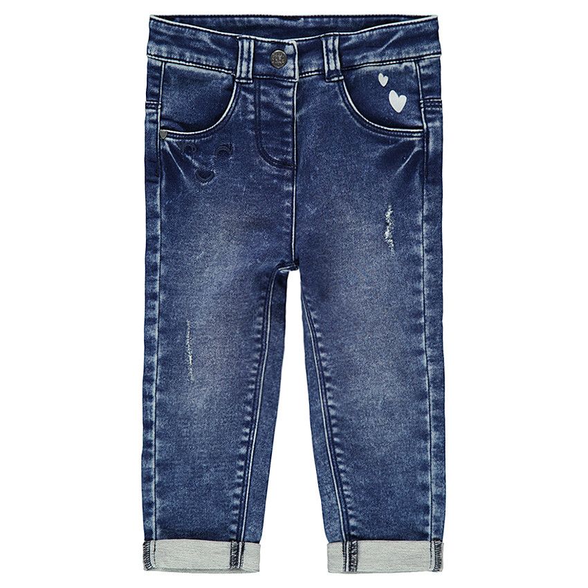 Jeans effet used avec coeurs printés et coeurs brodés en ton sur ton - Bleu moyen