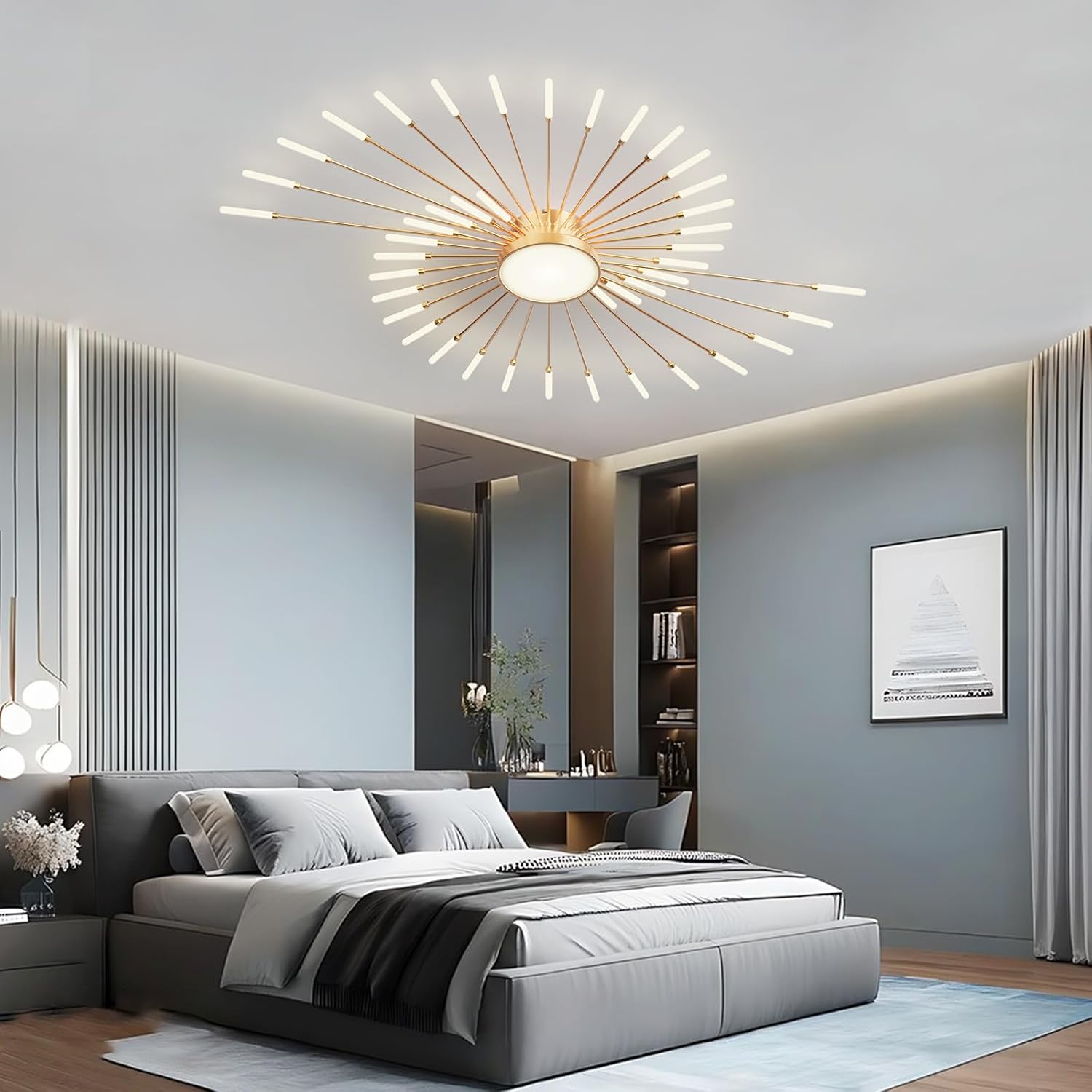 LED Deckenleuchte Wohnzimmer,Wohnzimmerlampe Moderne Minimalistische Deckenlampe Gold Innen Dekorative Deckenbeleuchtung für Wohnzimmer,Schlafzimmer und Büro(42+1 Köpfe, Gold)