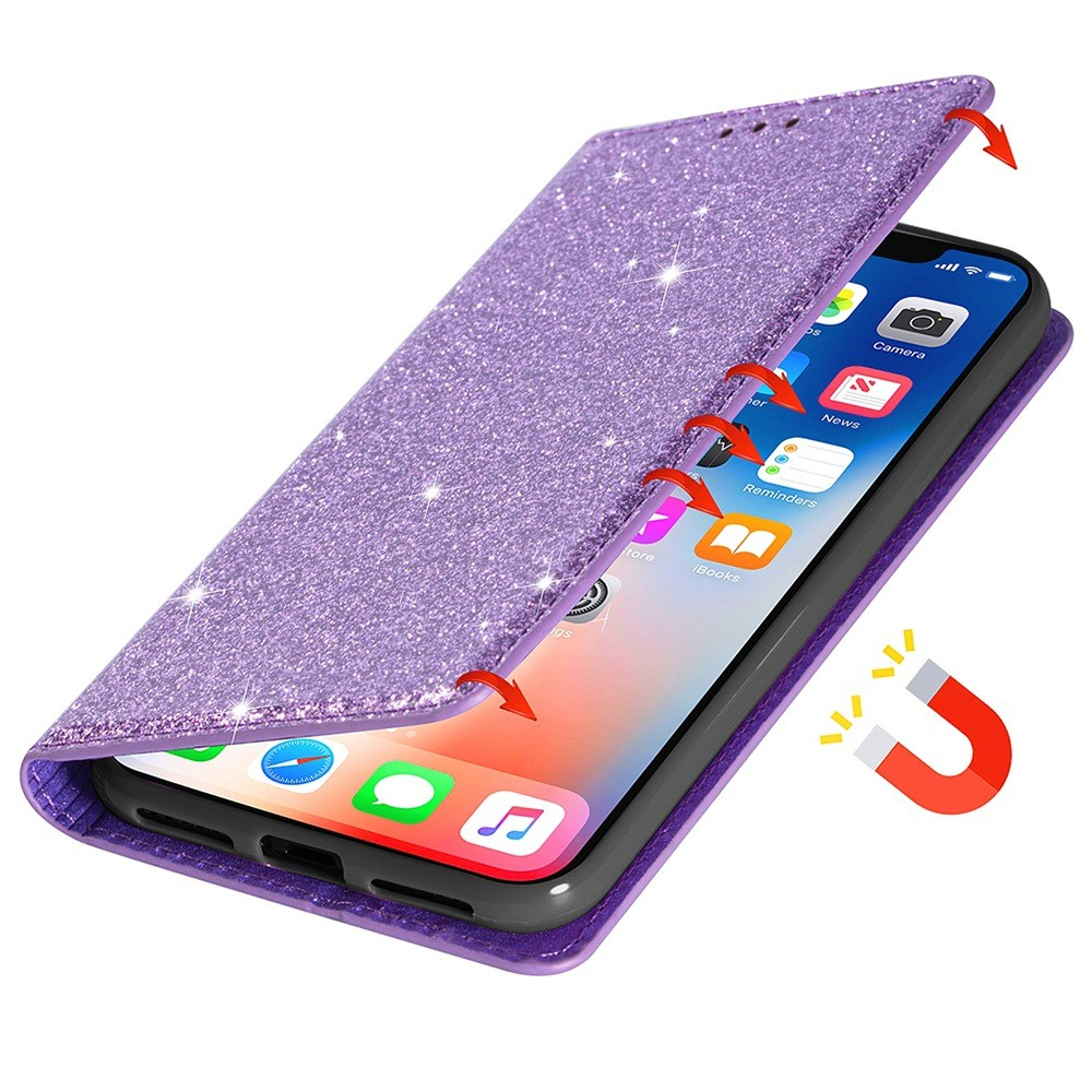 iPhone 14 Pro Max Flip Wallet Cover Leder Tasche Glitzer Optik - Lila