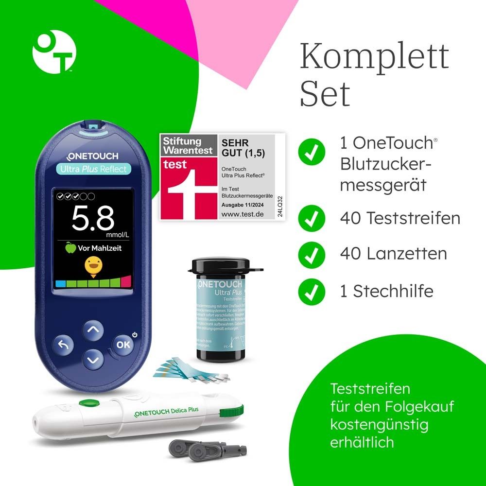 OneTouch Ultra Plus Reflect® Diabetes Starter-Set mmol/l, 40 Teststreifen, 40 sterile Lanzetten, 1 Stechhilfe