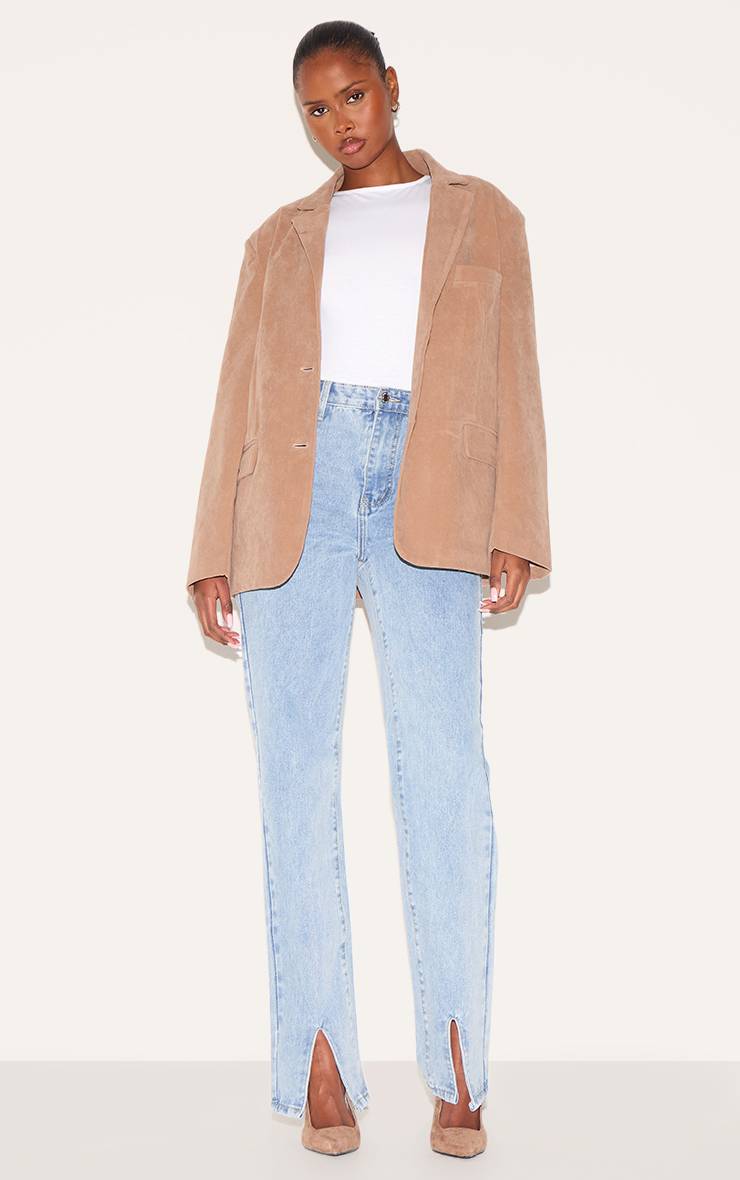 Light Blue Wash Jean Droit Jambes Longues Avec Fente Frontale