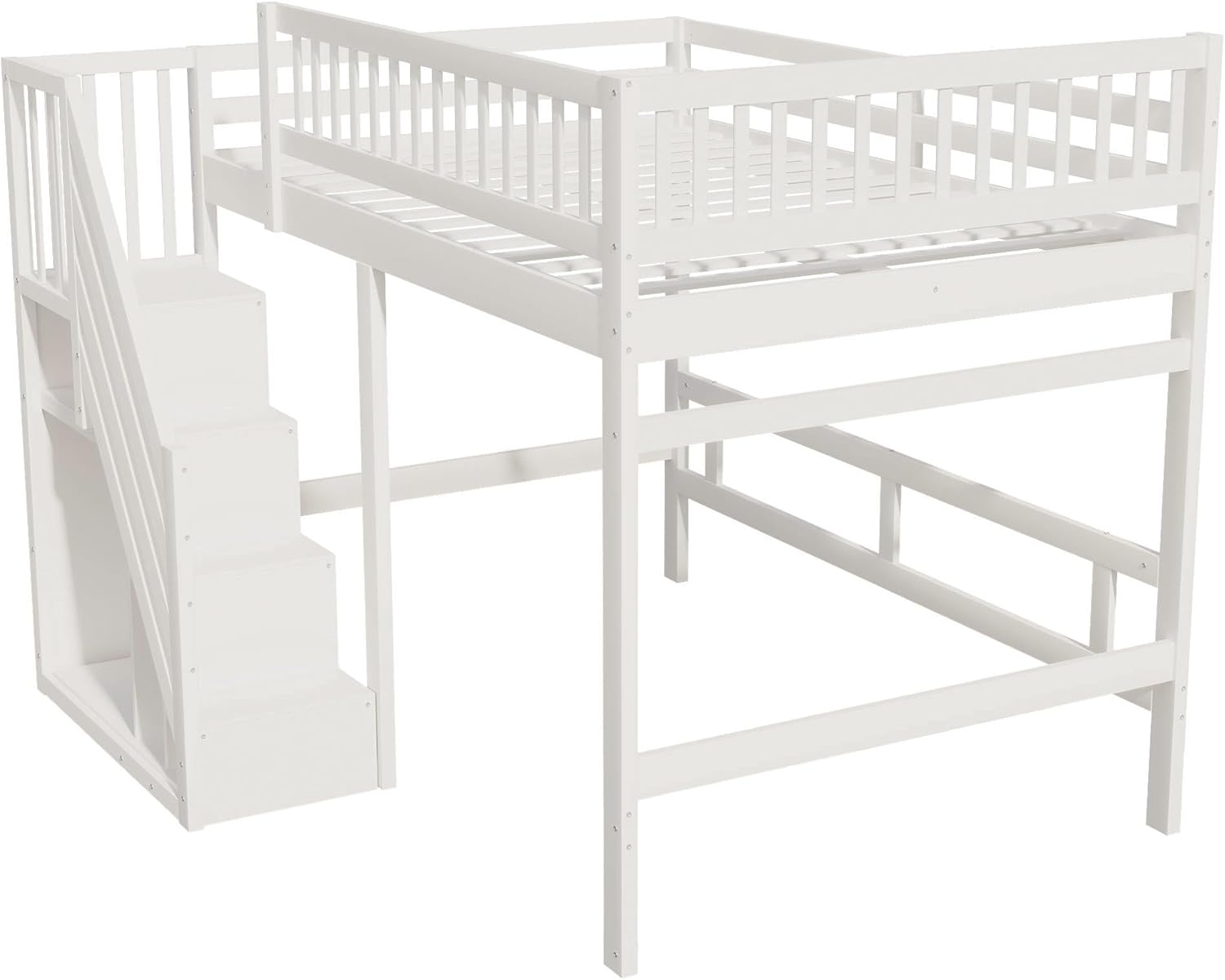 Kinderbett Etagenbett 140x200 cm, Hochbett mit Treppe und Stauschrank, Multifunktionsbett Doppelbett Stockbett Spielbett Kinderhochbett Jugendhochbett mit Lattenrost, Massivholz, Ohne Matratze, Weiß